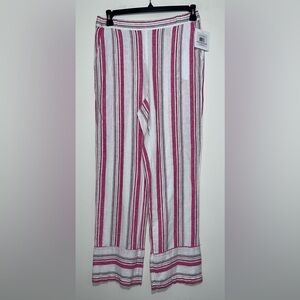 Ellen Tracy Linen Pants Womens 6 Pink White Vacay Striped Wide-Leg Elastic Waist